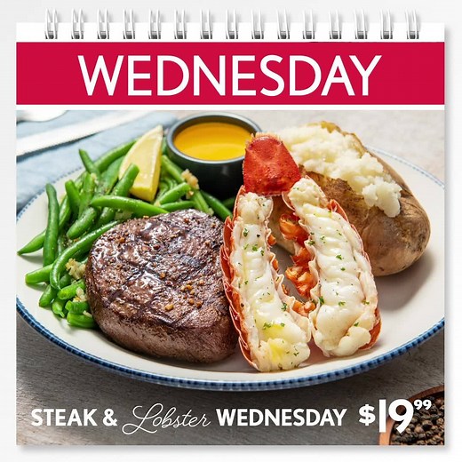 Introducing our NEW! Daily Deal… Steak & Lobster Wednesday! Get this new delicious duo for just $19.99* all day. *Full Terms: https://www.redlobster.com/menu/specials/daily-deals | Red Lobster