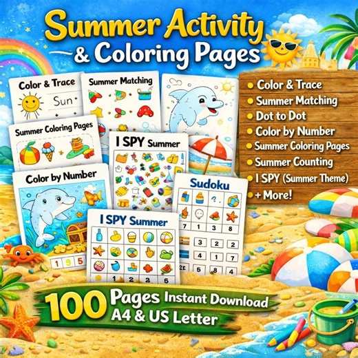 Summer Activity & Coloring Pages for Kids | 100 Printable Worksheets | I Spy, Counting, Matching, Puzzles | Preschool Learning Pack PDF - Etsy
