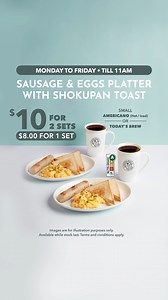 4.6K views · 48 reactions | Awaken your taste buds with our scrumptious Sausage and Eggs Platter with Shokupan Toast breakfast set ☕️ Now available at $10 for 2 sets, get it while stocks last in #CoffeeBeanSG stores! Promotion is available on major delivery platforms too. Terms & Conditions apply. #BornInSoCal | The Coffee Bean & Tea Leaf Singapore | Facebook