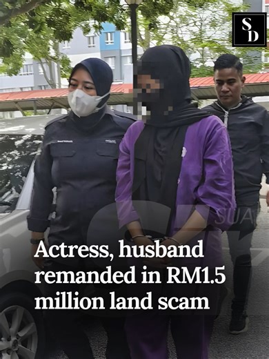 An actress and her husband have been remanded for three days starting today to assist police investigations into an alleged scam involving the sale of non-existent alienated land lots, which caused losses of RM1.5 million. #LandScam #ScamAlert #Fraud #SinarDaily