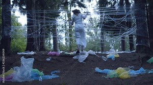 The girl was stuck in plastic. Save the planet. Greta Tumberg. Bad ecology. People have driven themselves into a trap. We are like insects. The spider caught a fly. A hopeless situation with garbage.