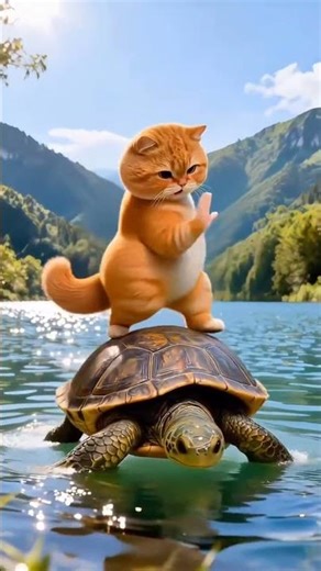 Cute Cat Dancing on a Turtle! 🐈🐢 #shorts