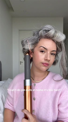 airwrap pin curl hack - slide the pin in while the hair is still wrapped around the airwrap, genuis! @Dyson UK airwrap @Hair By Sam McKnight hairspray @Kitsch pins #hairtutorials #hairhack #airwrap #dysonairwrapcurls #pincurls