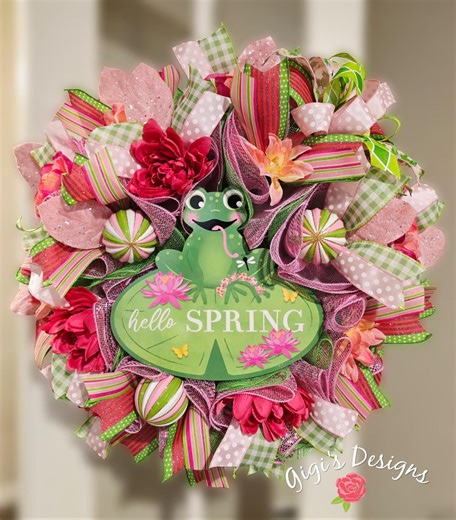 Handmade Frog Spring Wreath | Pink Floral Door Decor - Etsy