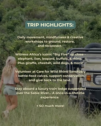 Claire P. Thomas on Instagram: "It’s here - the retreat I’ve poured my heart into. Wellness In The Wild is finally live. Join me in May 2026 for Wellness in the Wild,a women’s-only safari retreat designed to bring your mind, body, and spirit back into balance. 🌀 We’ll move, create & connect on the breathtaking land that completely transformed my life - from sunrise movement on the riverbanks, to creative workshops, and time spent giving back through hands on conservation work at the @careforwil