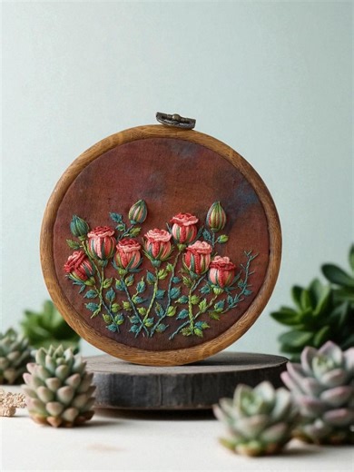 Art de broderie 3D bouquet de roses roses : tenture murale florale texturée - Etsy France