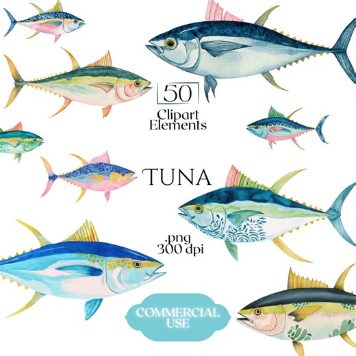Tuna Clipart, Watercolor Tuna Fish PNG Graphics, Fishing Illustrations (50 Files, Transparent Background) - Etsy