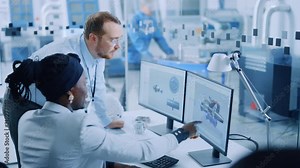 Modern Factory: Male Project Supervisor Talks to a Female Industrial Engineer who Works on Computer. They use CAD Software for Design Zero-Emissions Engine. Working High-Tech Industrial Facility