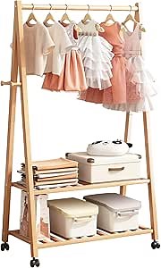 Kids Clothing Rack Bamboo with Wheels and Storage Shelves, Dress Up Storage, Kids Dress Up Rack for Playroom,Toddlers Bedroom Nursery
