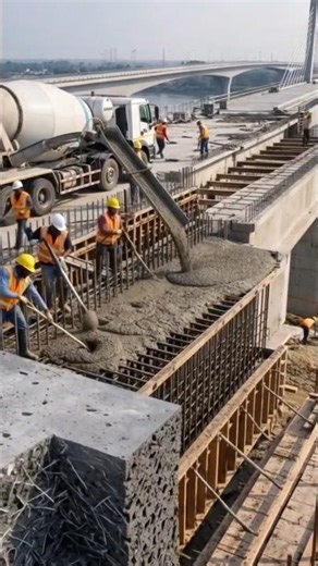 workers are placing HPC into a heavily reinforced deck, where steel and concrete work together.