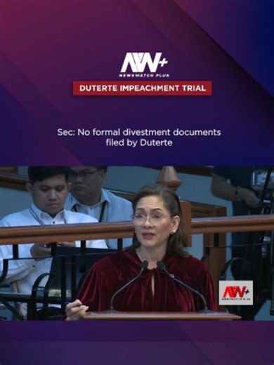 SEC: NO FORMAL DIVESTMENT DOCUMENTS FILED BY DUTERTE WATCH: Senator-judge Risa Hontiveros asks the Securities and Exchange Commission whether Vice President Sara Duterte submitted documents to the agency from 2022 to 2026 showing that she sought to divest from or leave the companies previously discussed in the impeachment trial. SEC Director Gerardo del Rosario says the agency received no deed or separate document showing that Duterte transferred her ownership to another person. Del Rosario note