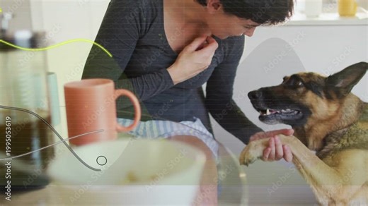 Woman at glass table offering treat holding dog paw rewarding pet-care waveforms overlaying hands