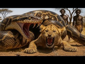 Life Ancient Million Years Ago: Prehistoric Men Rescues Lion Cub Being Wrapped Tightly Giant Python