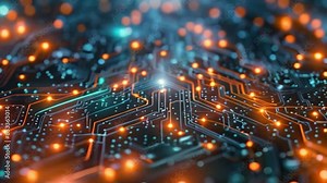 This Detailed view of a computer circuit board showing various electronic components and connections.