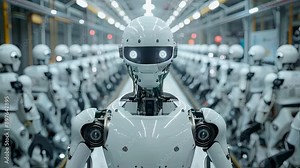 video of Advanced robot manufacturing in a cutting-edge, modern factory setting, featuring state-of-the-art technology, automated processes, and precision engineering
