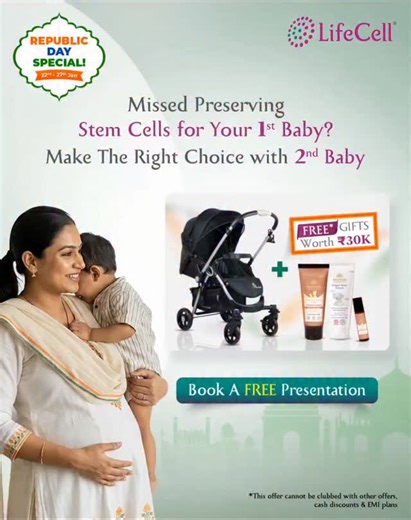 LifeCell International on Instagram: "Missed stem cell banking earlier? Your second baby brings a second chance. Choose LifeCell’s Stem Cell Banking - trusted by families across India for world-class preservation techniques & proven success stories. Don't let this opportunity to safeguard your family's future health slip away.👶 🎯 Special Republic Day Offer: Get FREE Gifts Worth ₹30K* Annual Storage Plan - Get 1 Family Floater (worth ₹10k) FREE, Use Code: RP1YR1FF One Time Plan -Get 1 Family Fl