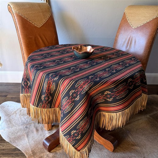 Handmade Southwestern Table Cover Real Leather Fringe Western Tribal Textile - Etsy