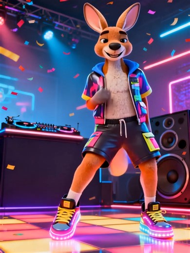 Watch this energetic 3D kangaroo show off an epic shuffle dance routine on a glowing neon dance floor! Wearing funky 90s streetwear and glowing LED sneakers, this animated kangaroo brings serious party vibes to the cyberpunk nightclub stage. With smooth shuffle moves, colorful lights, and a fun cartoon style, this dancing kangaroo is ready to steal the spotlight. Perfect for fans of shuffle dance, funny animal animations, and high-energy dance shorts. If you enjoy animated dance characters and n