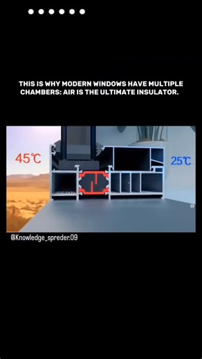 Facts and knowledge on Instagram: "When you look at a modern window, you might think the plastic frame itself keeps the cold out. But the real insulator is what's inside the frame: trapped air. High-performance windows feature multi-chamber profiles-engineered plastic extrusions filled with a series of sealed, hollow compartments. Here's the science: still air is a poor conductor of heat. Each sealed chamber acts as a separate barrier to thermal energy transfer. The more chambers a profile has, 