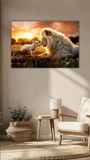 In His Presence There is Peace, Lion and Lamb – Together at Sunset | Christian Wall Art Canvas