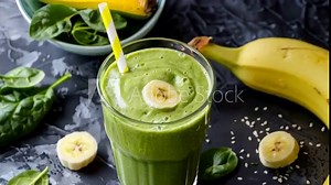 Nutrient-packed smoothie made with spinach, kale, banana, and almond milk, a quick and nutritious meal on the go.