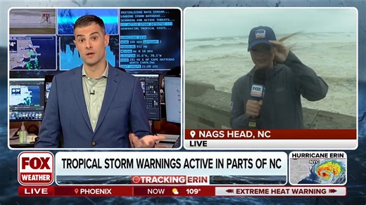 WATCH YOUR BACK 🌊: Erin's impacts are being felt on the Outer Banks, where massive waves are crashing onto the beaches and tropical storm-force winds are gusting in Nags Head. FOX Weather Correspondent Katie Byrne reports from the beach: | FOX Weather