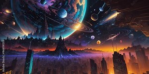 Futuristic cosmic animation with deep space, galaxy, and futuristic cityscape on planet. Bright cosmic animation with illustrations transformations, music visualization concept. AI generated video