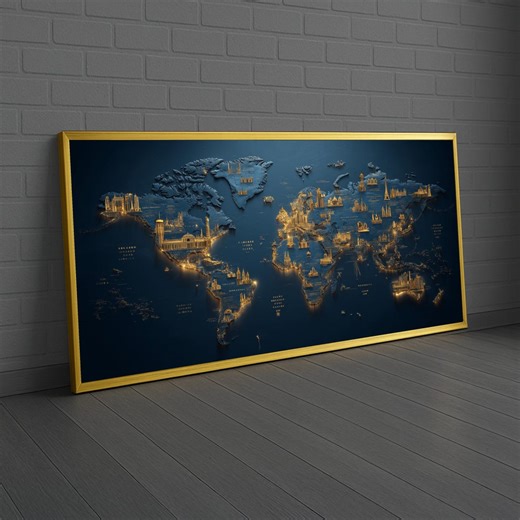 Illuminated World Map Canvas Wall Art, Gold City Skylines Art, Global Landmarks Canvas, Decorative Travel Map, Modern Home Decor - Etsy Australia