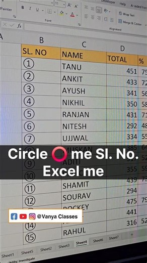 In Excel how to write serial numbers under circle