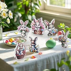 6Pcs Rustic Spring Easter Decorations Wooden Bunny Rabbit Desk Decor Wood Bunny Table Centerpieces Rabbit Shape Table Signs Farmhouse Tiered Tray for Party Spring Home Decor