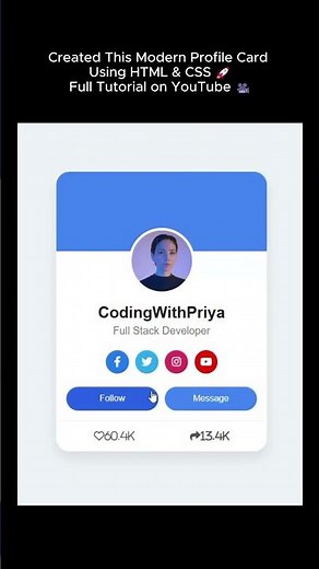 🚀 I built this Modern Profile Card UI using only HTML & CSS! 💙 #coding #programming #html