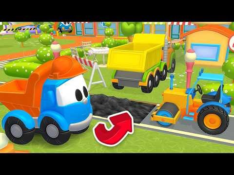 Leo the Truck fixes a store sign & a road with the help of a helicopter and a road roller in a game.