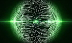 Radioactive green sphere made of energy lines spinning between magnetic poles on a dark background. Atom or molecule structure screensaver with bright shine and glow effect. Seamless vj loop, 4k 60fps
