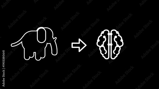 The elephant icon pointing toward a human brain symbol illustrates the study of animal intelligence or the biological comparison between large mammal cognition and human mental processes