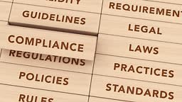 Compliance Wooden Blocks Animation with the word guidelines, laws,...