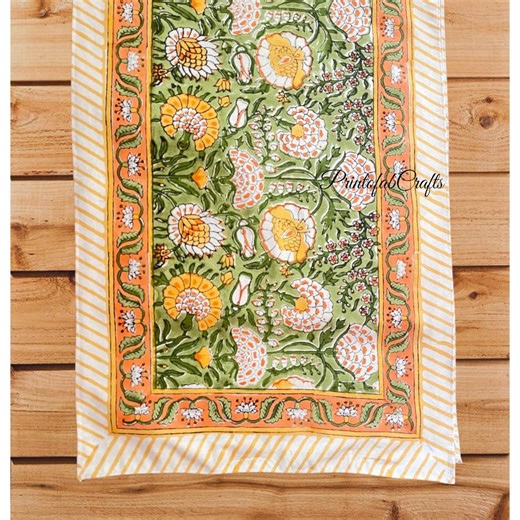PFC Hand Block Print Cotton Table Runner, Floral Green Orange Table Runner, Farmhouse Dining Table Decor, Indian Handmade Runner - Etsy