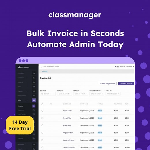 Managing classes, payments and messages across tools? Exhausting. Class Manager unites everything in one simple platform. Start your 14-day FREE trial today 💃 | Class Manager