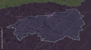 Ouest, region with its capital, zoomed and extruded on the administrative map of Cameroon in the conformal Stereographic projection. Animation 3D