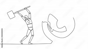 Self drawing animation of single continuous line drawing smart robotic preparing to hit the big target arrow board. Rampage. Failed to focus, failed to get reward. Madness. Full length animated
