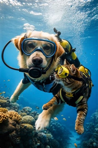Scuba Dive Together 🐶🐱🌊 | Ultra Realistic Underwater Adventure (4K AI Short)