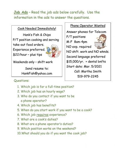 Reading Job Ads worksheet