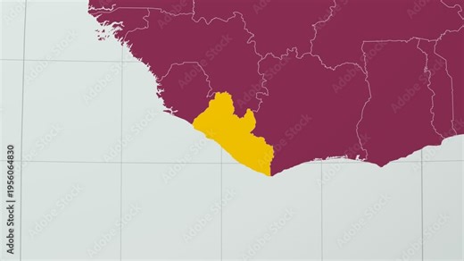 Liberia map. Animated zoom into the country on the Globe in Pale Mint Dark Pink color palette. Country logo animation with round text and airplanes. Map with meridians, parallels. Vibrant video.