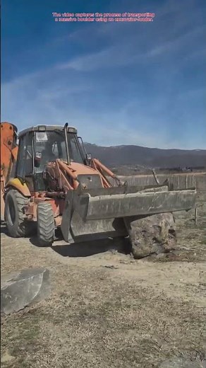 The process of transporting a massive boulder using an excavator loader