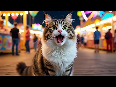 Maine Coon Classic Cat Meowing Loudly 🐱🔊 | Full Body View at Night Carnival 🎡🌙 | Emotional Meows