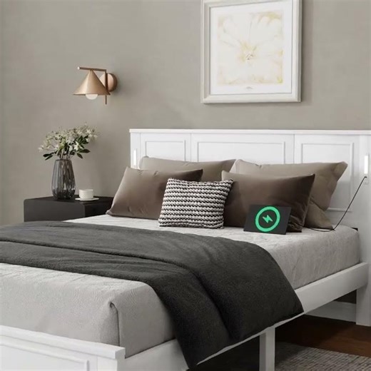 Pinewood Platform Bed Frame with Tall-Panel Headboard & Footboard, Built-in LED Lights#shorts