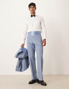 ASOS DESIGN straight leg tuxedo suit pants with cummerbund waistband in blue | ASOS