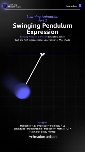 Akash Negi | Motion Designer | Tutorials on Instagram: "Swinging into motion! ⚡️ Pendulum vibes in After Effects 🕰️✨ Expression : Swinging Pendulam. frequency = 1; amplitude = 45; decay = 0.1; amplitude * Math.sin(time * frequency * Math.PI * 2) * Math.exp(-decay * time); . . . . . #AfterEffects #MotionDesign #VFX #Animation #Pendulum #MotionGraphics #AEExpressions #DesignProcess #LoopingAnimation #AnimatorLife #C4D #VFXArtist #CreativeCoding #ReelItFeelIt #animationartisan #motionart #anniemat