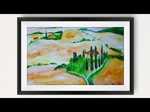 Tuscany Landscape Watercolor Painting for Beginners Easy | How to Draw Cypress Trees Step By Step