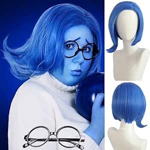Sadness Blue Bob Wig with Black Glasses Girls Blue Anime Wig Women Heat Resistant Synthetic for Cosplay Costume Party