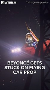 The superstar was riding on a flying car prop when it malfunctioned and she had to stop the show to get let down safely. | WTHR-TV